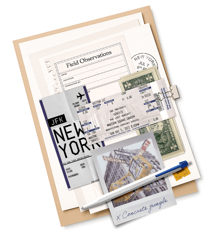 Collage of documents and polaroids from New York
