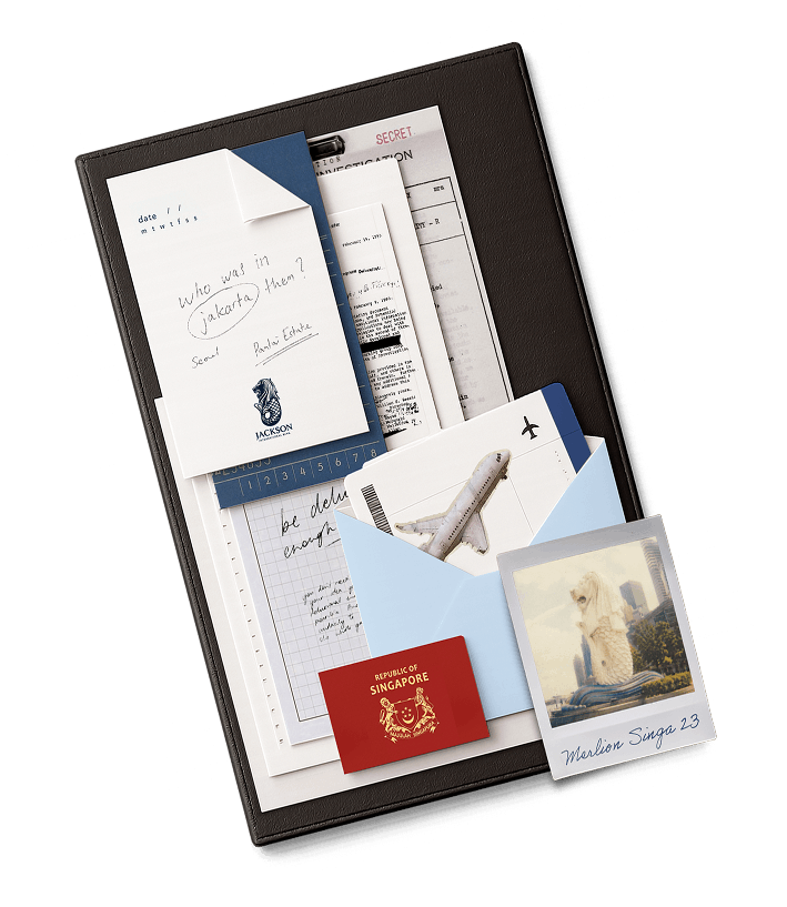 Collage of documents and polaroids from Singapore